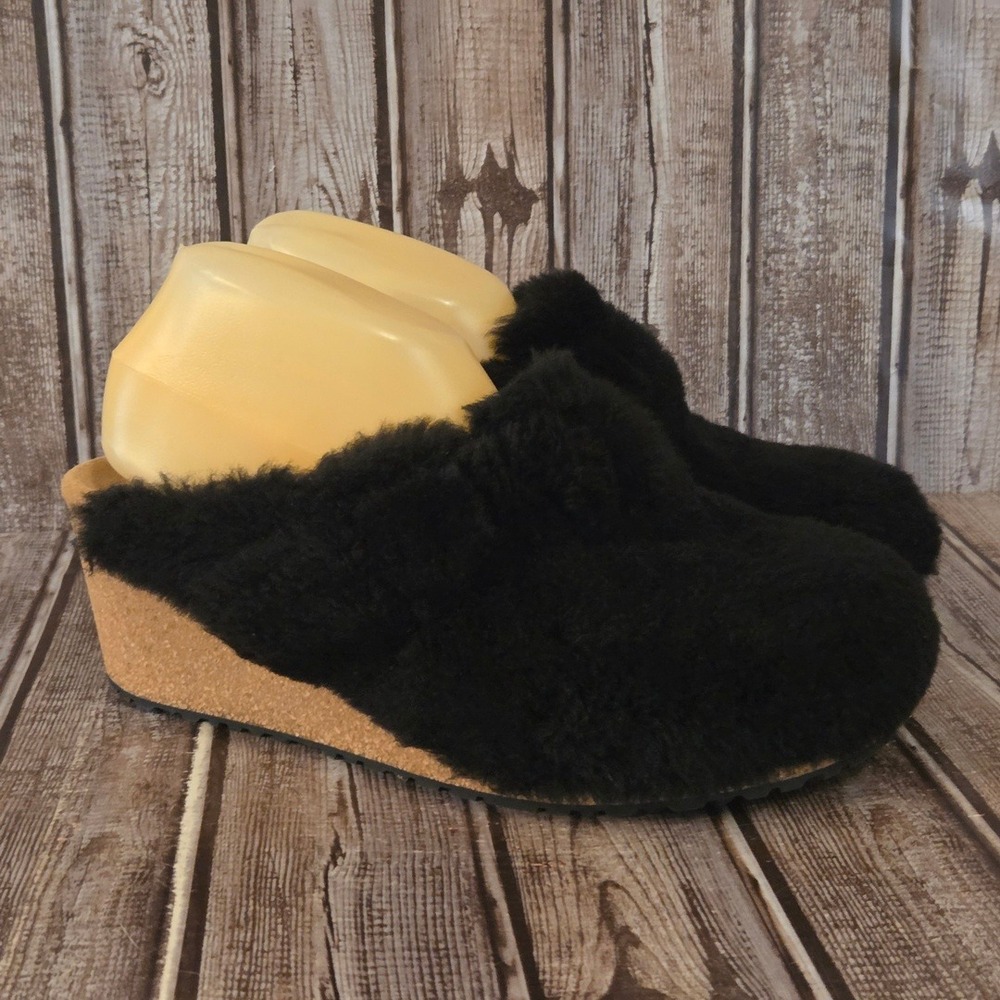 Sz 40 / 9 N Birkenstock Papillio Fanny Teddy Black Shearling Wedge Mules Clogs - Picture 3 of 8